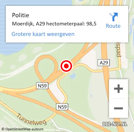 Locatie op kaart van de 112 melding: Politie Moerdijk, A29 hectometerpaal: 98,5 op 29 december 2023 13:41