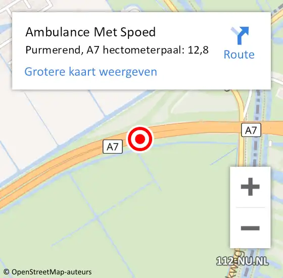 Locatie op kaart van de 112 melding: Ambulance Met Spoed Naar Purmerend, A7 hectometerpaal: 12,8 op 29 december 2023 13:46