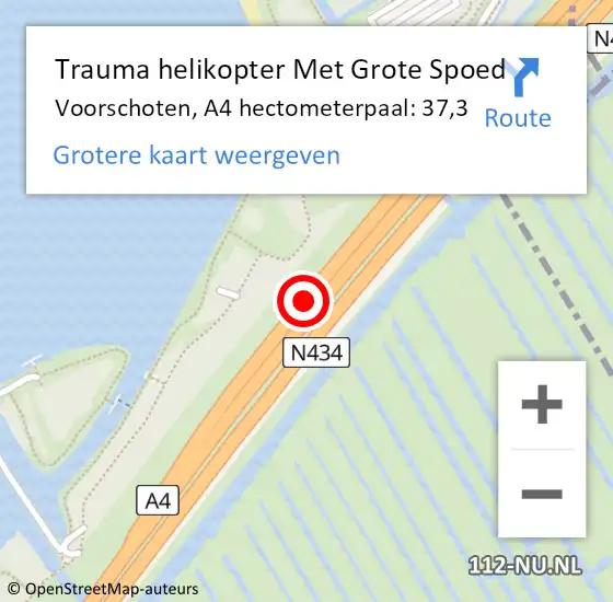 Locatie op kaart van de 112 melding: Trauma helikopter Met Grote Spoed Naar Voorschoten, A4 hectometerpaal: 37,3 op 29 december 2023 16:16