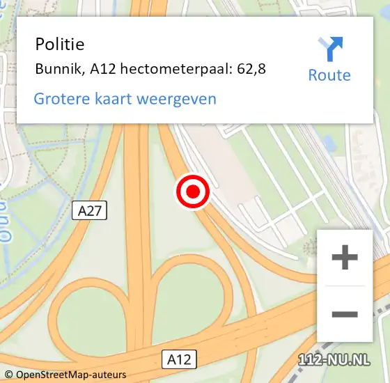 Locatie op kaart van de 112 melding: Politie Bunnik, A12 hectometerpaal: 62,8 op 29 december 2023 17:33