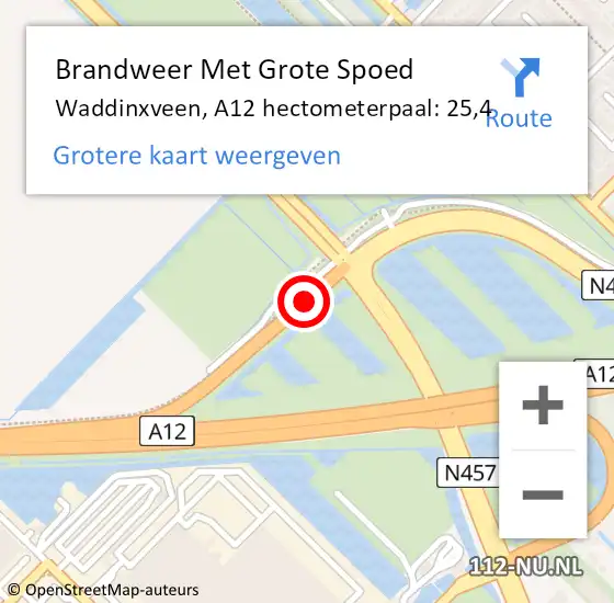 Locatie op kaart van de 112 melding: Brandweer Met Grote Spoed Naar Waddinxveen, A12 hectometerpaal: 25,4 op 29 december 2023 17:48