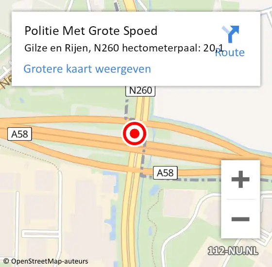 Locatie op kaart van de 112 melding: Politie Met Grote Spoed Naar Gilze en Rijen, N260 hectometerpaal: 20,1 op 29 december 2023 23:18
