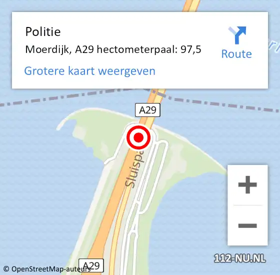Locatie op kaart van de 112 melding: Politie Moerdijk, A29 hectometerpaal: 97,5 op 30 december 2023 01:31