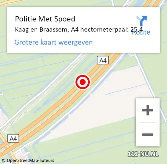 Locatie op kaart van de 112 melding: Politie Met Spoed Naar Kaag en Braassem, A4 hectometerpaal: 25,4 op 30 december 2023 02:21