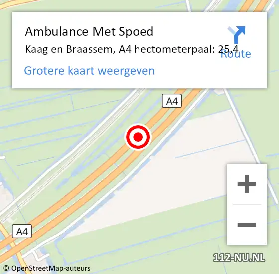 Locatie op kaart van de 112 melding: Ambulance Met Spoed Naar Kaag en Braassem, A4 hectometerpaal: 25,4 op 30 december 2023 02:24