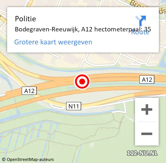 Locatie op kaart van de 112 melding: Politie Bodegraven-Reeuwijk, A12 hectometerpaal: 35 op 30 december 2023 04:29