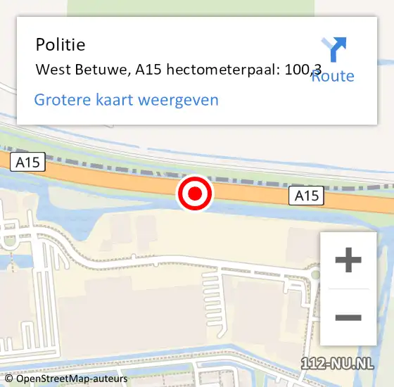 Locatie op kaart van de 112 melding: Politie West Betuwe, A15 hectometerpaal: 100,3 op 30 december 2023 06:32