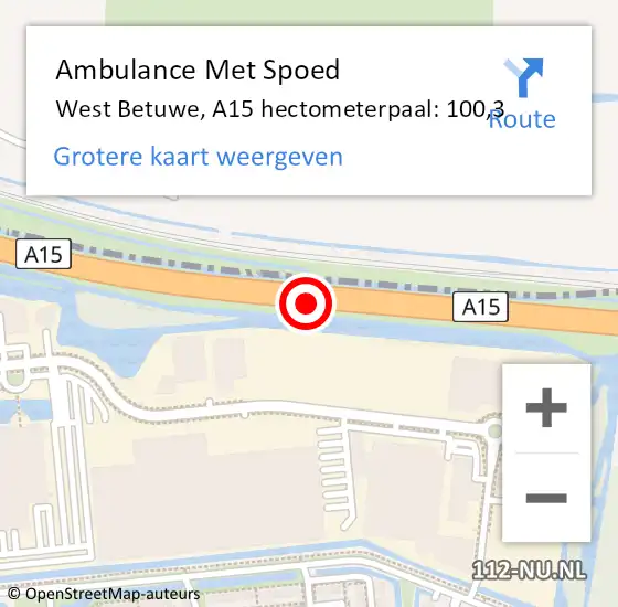 Locatie op kaart van de 112 melding: Ambulance Met Spoed Naar West Betuwe, A15 hectometerpaal: 100,3 op 30 december 2023 06:34