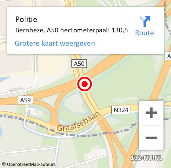 Locatie op kaart van de 112 melding: Politie Bernheze, A50 hectometerpaal: 130,5 op 30 december 2023 15:55