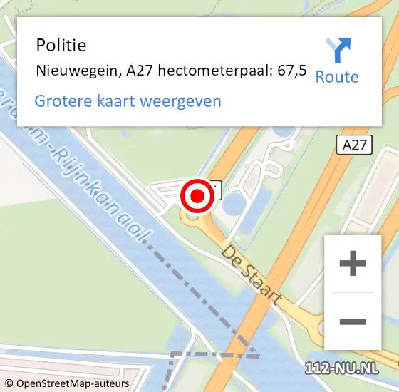 Locatie op kaart van de 112 melding: Politie Nieuwegein, A27 hectometerpaal: 67,5 op 31 december 2023 03:26