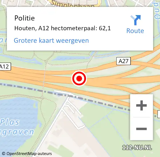 Locatie op kaart van de 112 melding: Politie Houten, A12 hectometerpaal: 62,1 op 31 december 2023 11:11