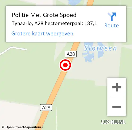 Locatie op kaart van de 112 melding: Politie Met Grote Spoed Naar Tynaarlo, A28 hectometerpaal: 187,1 op 31 december 2023 11:16