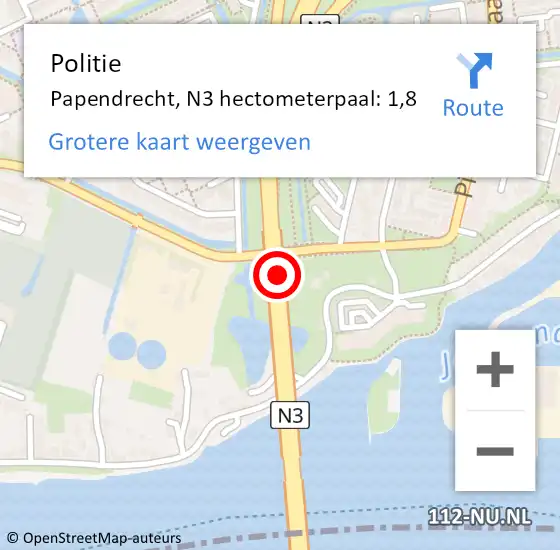 Locatie op kaart van de 112 melding: Politie Papendrecht, N3 hectometerpaal: 1,8 op 31 december 2023 15:33