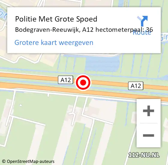 Locatie op kaart van de 112 melding: Politie Met Grote Spoed Naar Bodegraven-Reeuwijk, A12 hectometerpaal: 36 op 31 december 2023 16:01