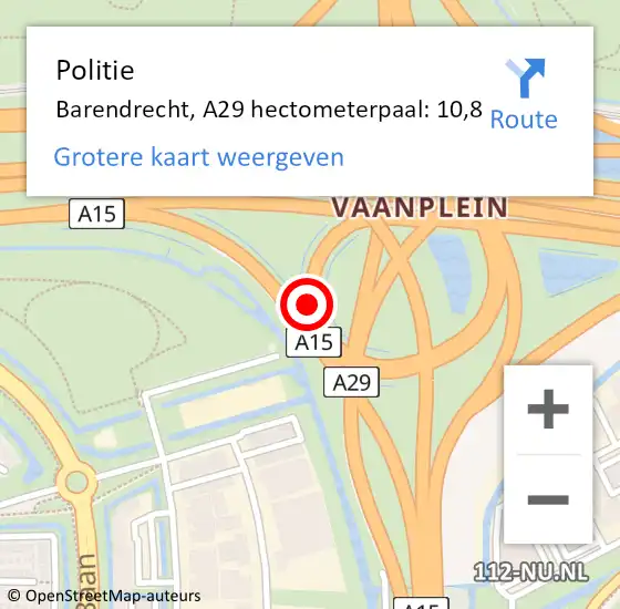 Locatie op kaart van de 112 melding: Politie Barendrecht, A29 hectometerpaal: 10,8 op 31 december 2023 18:08