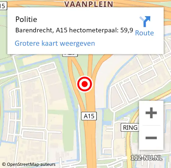 Locatie op kaart van de 112 melding: Politie Barendrecht, A15 hectometerpaal: 59,9 op 31 december 2023 18:15