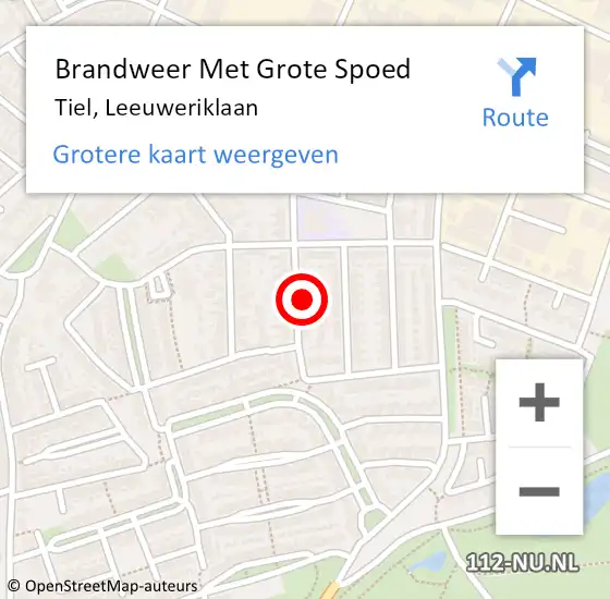 Locatie op kaart van de 112 melding: Brandweer Met Grote Spoed Naar Tiel, Leeuweriklaan op 31 december 2023 20:23