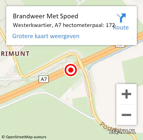 Locatie op kaart van de 112 melding: Brandweer Met Spoed Naar Westerkwartier, A7 hectometerpaal: 172 op 31 december 2023 21:23