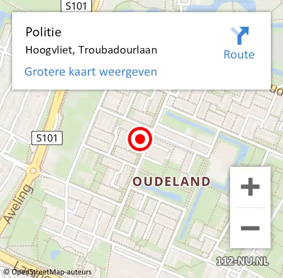 Locatie op kaart van de 112 melding: Politie Hoogvliet, Troubadourlaan op 1 januari 2024 01:04