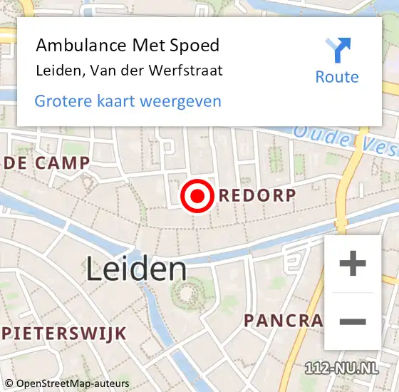 Locatie op kaart van de 112 melding: Ambulance Met Spoed Naar Leiden, Van der Werfstraat op 1 januari 2024 01:33