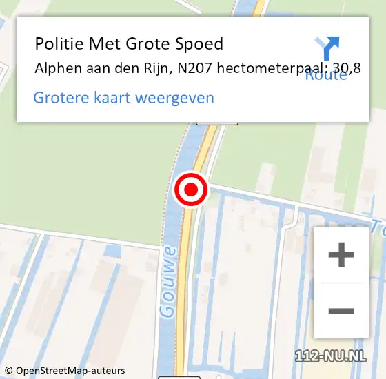 Locatie op kaart van de 112 melding: Politie Met Grote Spoed Naar Alphen aan den Rijn, N207 hectometerpaal: 30,8 op 1 januari 2024 01:33