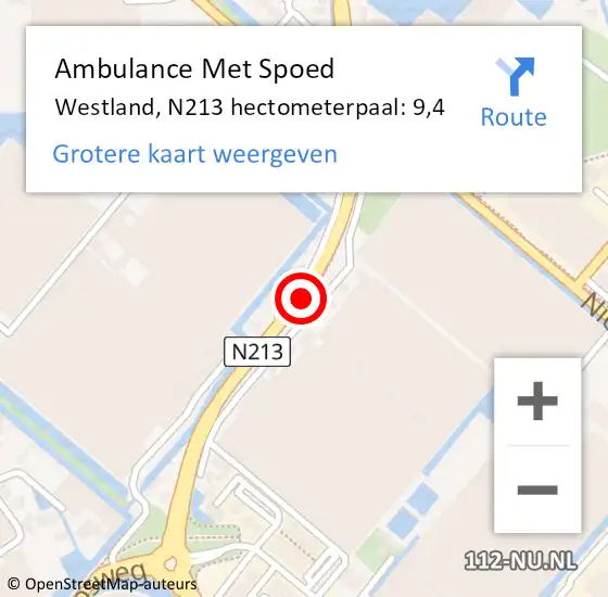 Locatie op kaart van de 112 melding: Ambulance Met Spoed Naar Westland, N213 hectometerpaal: 9,4 op 1 januari 2024 02:33