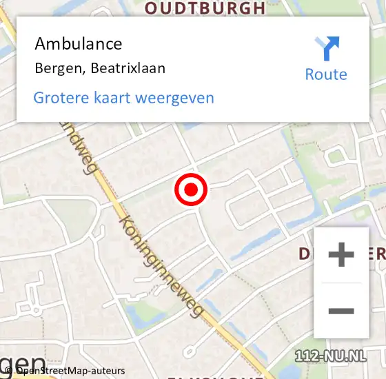 Locatie op kaart van de 112 melding: Ambulance Bergen, Beatrixlaan op 1 januari 2024 03:29