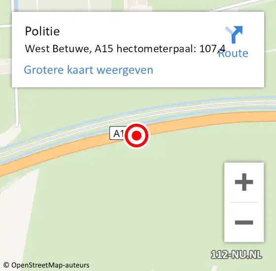 Locatie op kaart van de 112 melding: Politie West Betuwe, A15 hectometerpaal: 107,4 op 1 januari 2024 05:38