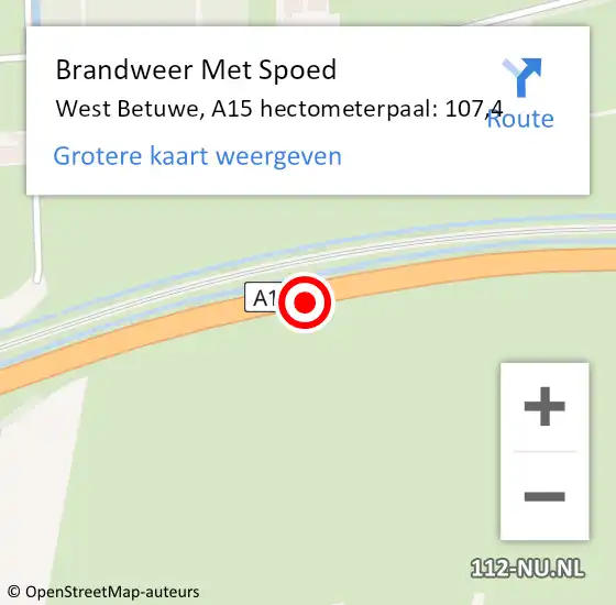Locatie op kaart van de 112 melding: Brandweer Met Spoed Naar West Betuwe, A15 hectometerpaal: 107,4 op 1 januari 2024 05:40