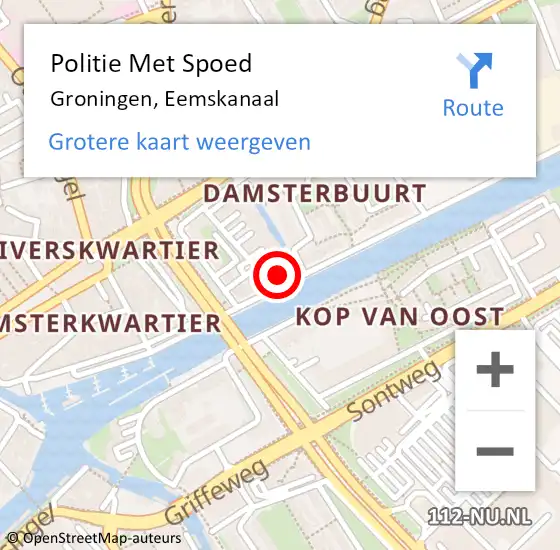 Locatie op kaart van de 112 melding: Politie Met Spoed Naar Groningen, Eemskanaal op 1 januari 2024 06:41