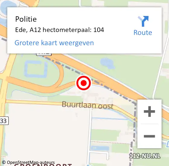 Locatie op kaart van de 112 melding: Politie Ede, A12 hectometerpaal: 104 op 1 januari 2024 06:48