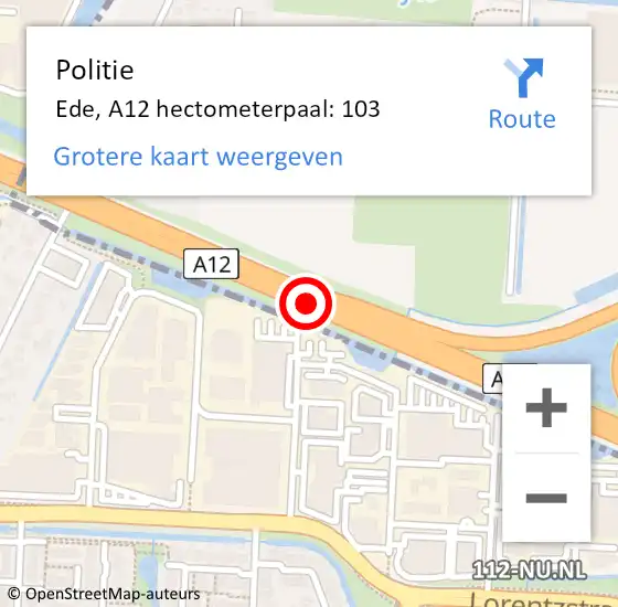 Locatie op kaart van de 112 melding: Politie Ede, A12 hectometerpaal: 103 op 1 januari 2024 06:54