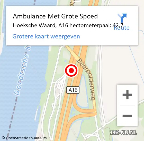 Locatie op kaart van de 112 melding: Ambulance Met Grote Spoed Naar Hoeksche Waard, A16 hectometerpaal: 42,7 op 1 januari 2024 08:22