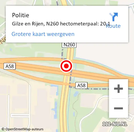 Locatie op kaart van de 112 melding: Politie Gilze en Rijen, N260 hectometerpaal: 20,1 op 1 januari 2024 09:09