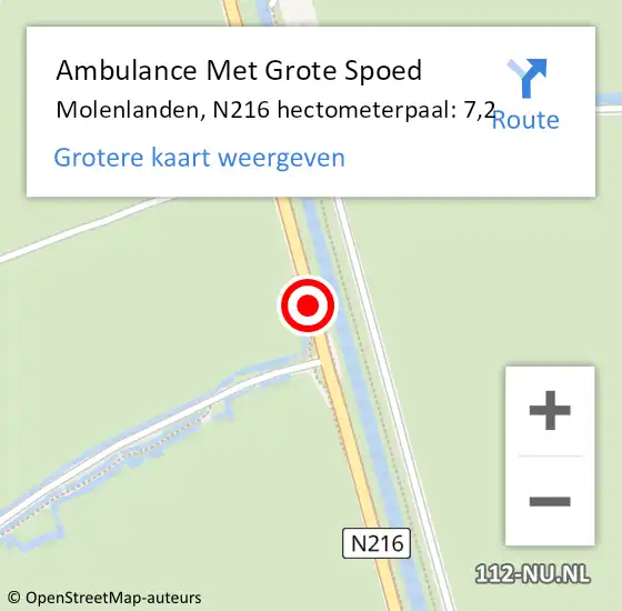 Locatie op kaart van de 112 melding: Ambulance Met Grote Spoed Naar Molenlanden, N216 hectometerpaal: 7,2 op 1 januari 2024 13:47