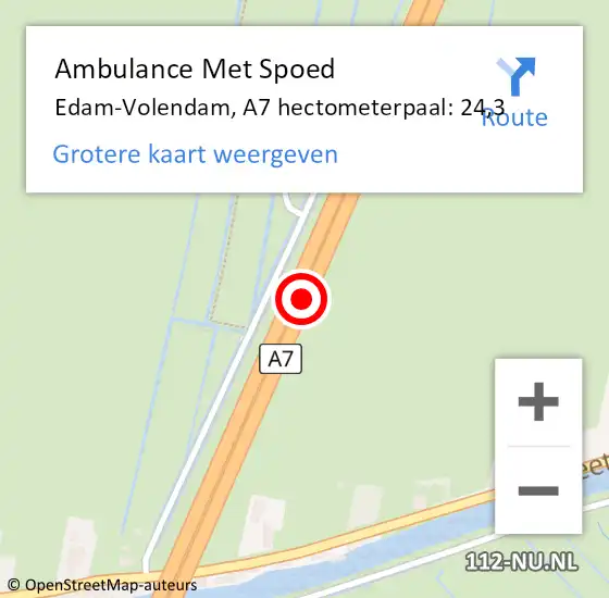 Locatie op kaart van de 112 melding: Ambulance Met Spoed Naar Edam-Volendam, A7 hectometerpaal: 24,3 op 1 januari 2024 14:13