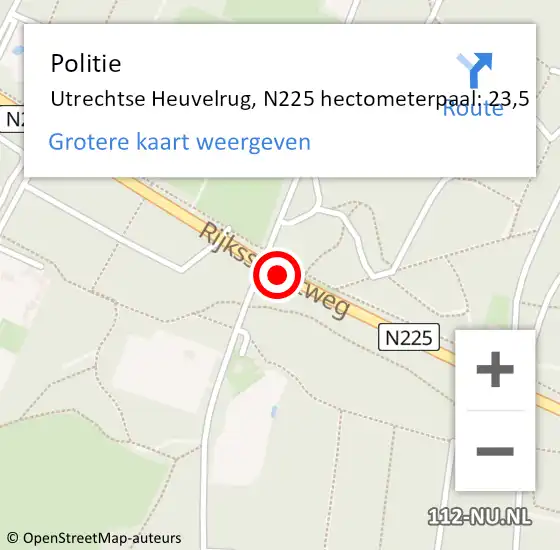 Locatie op kaart van de 112 melding: Politie Utrechtse Heuvelrug, N225 hectometerpaal: 23,5 op 1 januari 2024 14:55