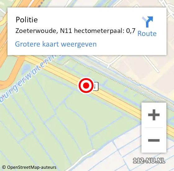 Locatie op kaart van de 112 melding: Politie Zoeterwoude, N11 hectometerpaal: 0,7 op 1 januari 2024 17:57