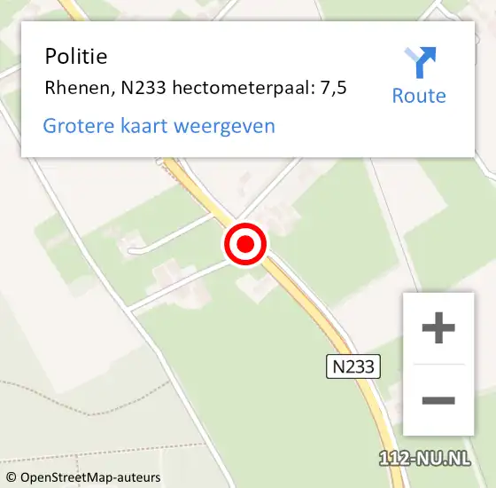 Locatie op kaart van de 112 melding: Politie Rhenen, N233 hectometerpaal: 7,5 op 1 januari 2024 19:06