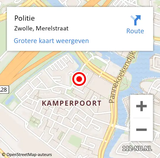 Locatie op kaart van de 112 melding: Politie Zwolle, Merelstraat op 1 januari 2024 19:36