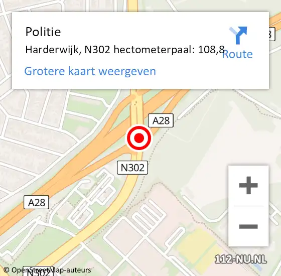 Locatie op kaart van de 112 melding: Politie Harderwijk, N302 hectometerpaal: 108,8 op 1 januari 2024 23:49