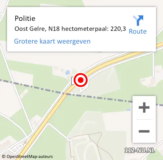 Locatie op kaart van de 112 melding: Politie Oost Gelre, N18 hectometerpaal: 220,3 op 1 januari 2024 23:54