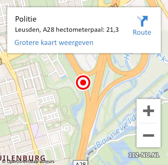 Locatie op kaart van de 112 melding: Politie Leusden, A28 hectometerpaal: 21,3 op 2 januari 2024 10:39
