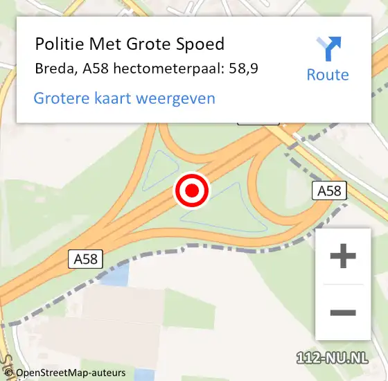 Locatie op kaart van de 112 melding: Politie Met Grote Spoed Naar Breda, A58 hectometerpaal: 58,9 op 2 januari 2024 10:41