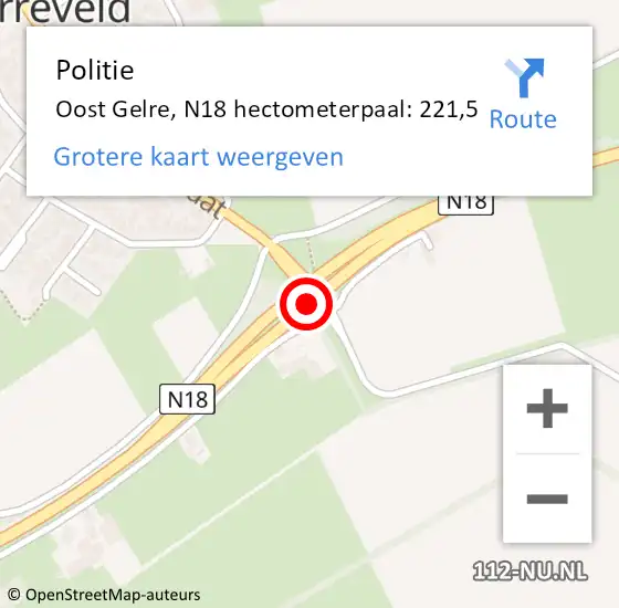 Locatie op kaart van de 112 melding: Politie Oost Gelre, N18 hectometerpaal: 221,5 op 2 januari 2024 14:06