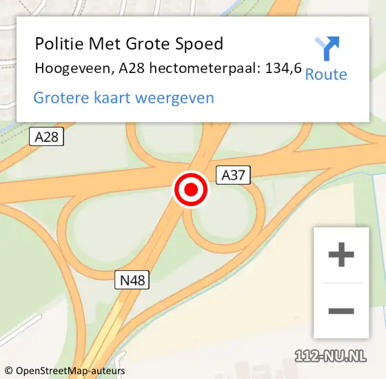 Locatie op kaart van de 112 melding: Politie Met Grote Spoed Naar Hoogeveen, A28 hectometerpaal: 134,6 op 2 januari 2024 14:18