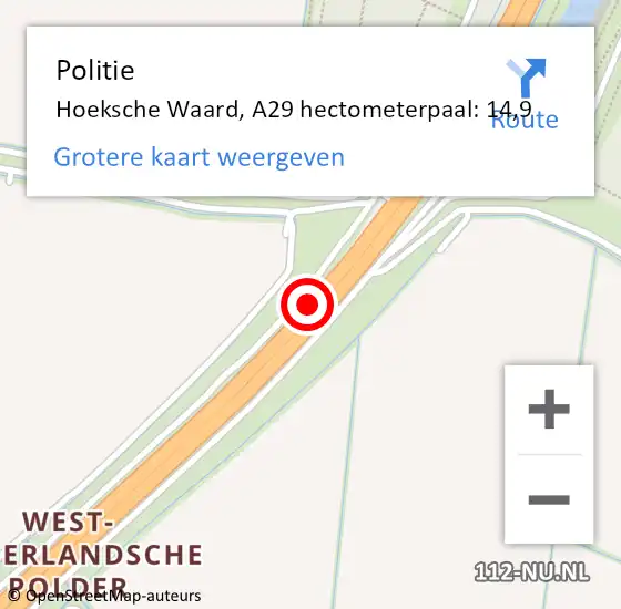 Locatie op kaart van de 112 melding: Politie Hoeksche Waard, A29 hectometerpaal: 14,9 op 2 januari 2024 15:43