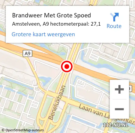 Locatie op kaart van de 112 melding: Brandweer Met Grote Spoed Naar Amstelveen, A9 hectometerpaal: 27,1 op 2 januari 2024 16:34
