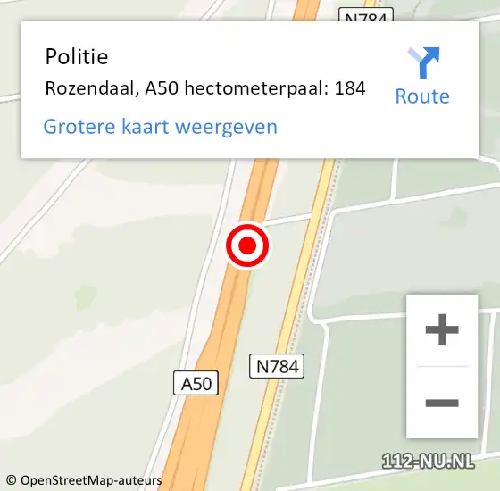 Locatie op kaart van de 112 melding: Politie Rozendaal, A50 hectometerpaal: 184 op 2 januari 2024 17:31