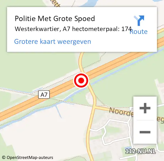 Locatie op kaart van de 112 melding: Politie Met Grote Spoed Naar Westerkwartier, A7 hectometerpaal: 174 op 2 januari 2024 18:26